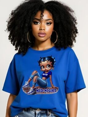 Gildan Royal Blue Graphic Tee with Cartoon 'Mid-Night' Design